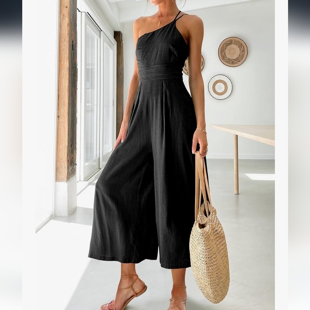 One-Shoulder Black Wide-Leg Jumpsuit - Picture 2 of 4